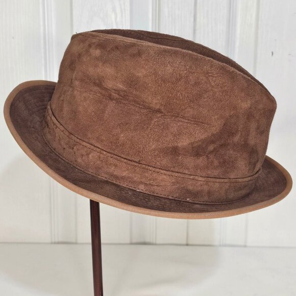 Vintage London Fog Suede Leather Brown Fedora Hat Gentlemen Classic Men's Med 7 - Picture 4 of 8